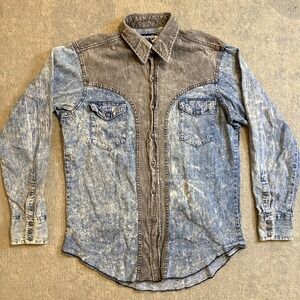 Vintage Wrangler Shirt Mens Large Blue Denim Colorblock Western Snap Cowboy Cut